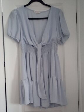 Blush Light Blue Tie-Front Tiered Mini Dress Size L